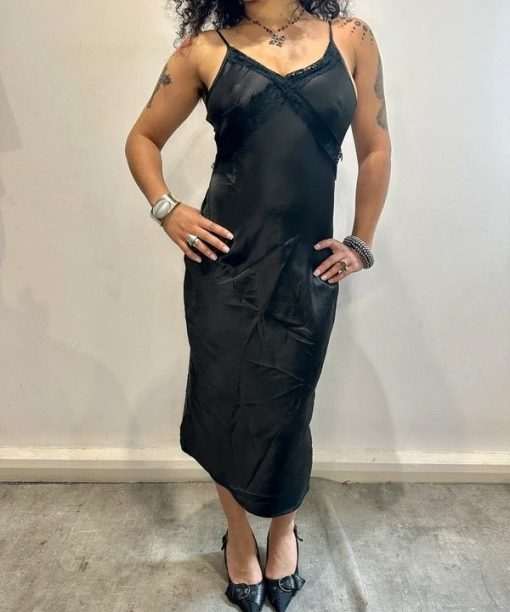 Alternative view of Vintage Black Silk Lace Slip Midi Dress (S)