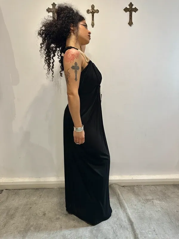 Vintage AllSaints Rope Black Avant Garde Long Dress (XS/S) - Image 4