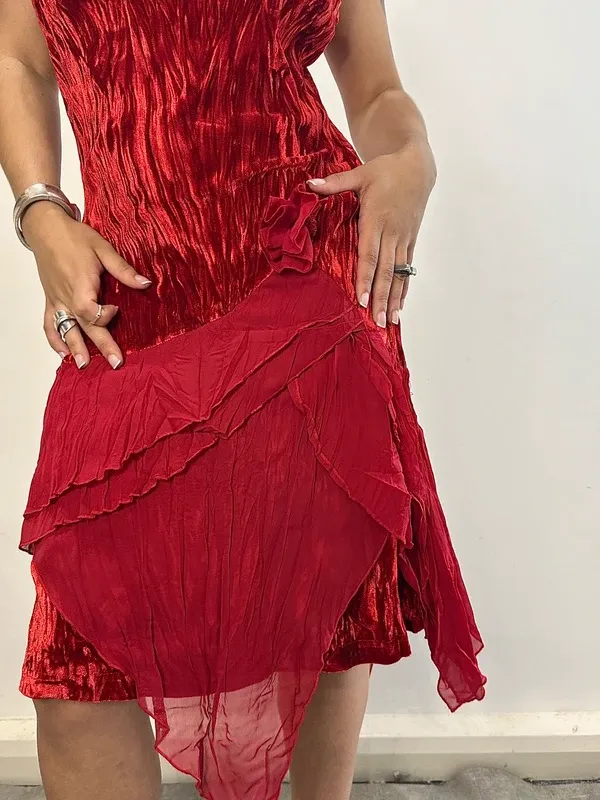 Vintage Italian Asymmetrical Sheer Ruffle Midi Dress (S/M) - Image 7