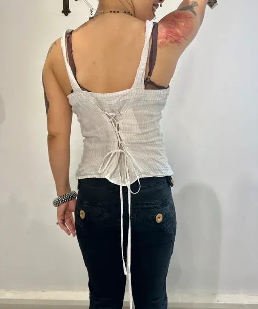 French Vintage Lace up Back Cotton Milkmaid Top (S/M-M)