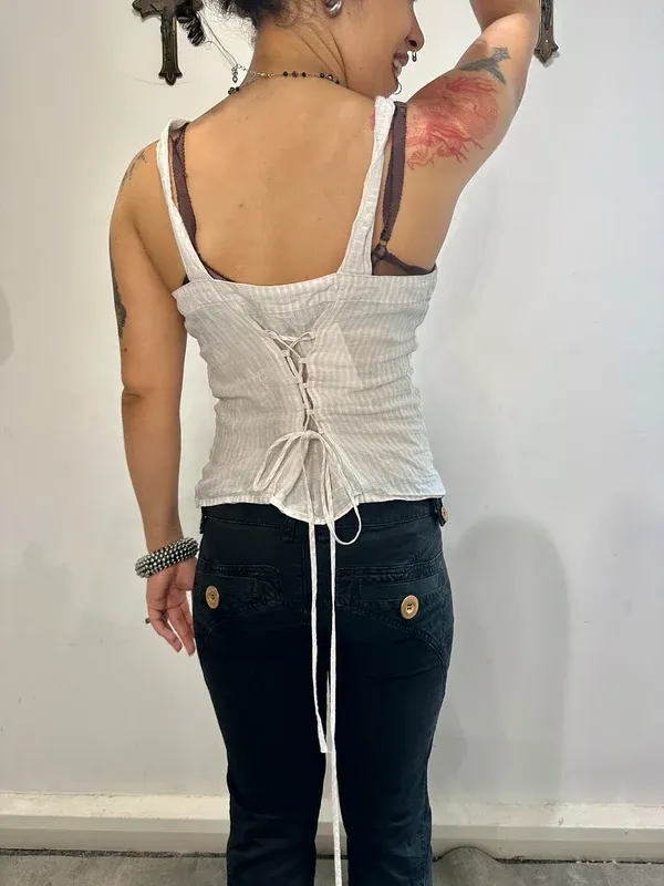 French Vintage Lace up Back Cotton Milkmaid Top (S/M-M)