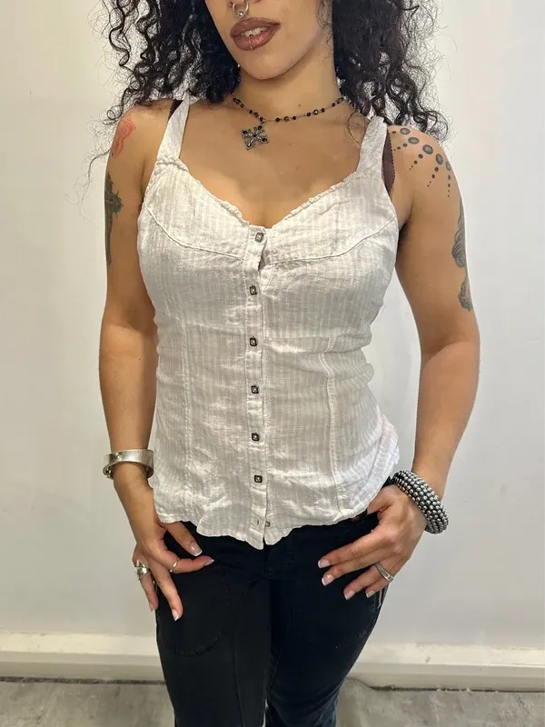 French Vintage Lace up Back Cotton Milkmaid Top (S/M-M) - Image 2
