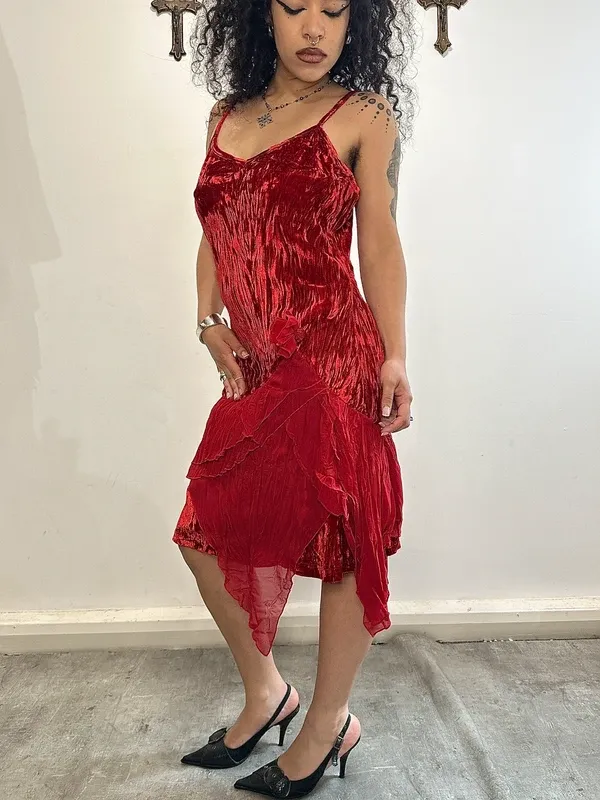 Vintage Italian Asymmetrical Sheer Ruffle Midi Dress (S/M)