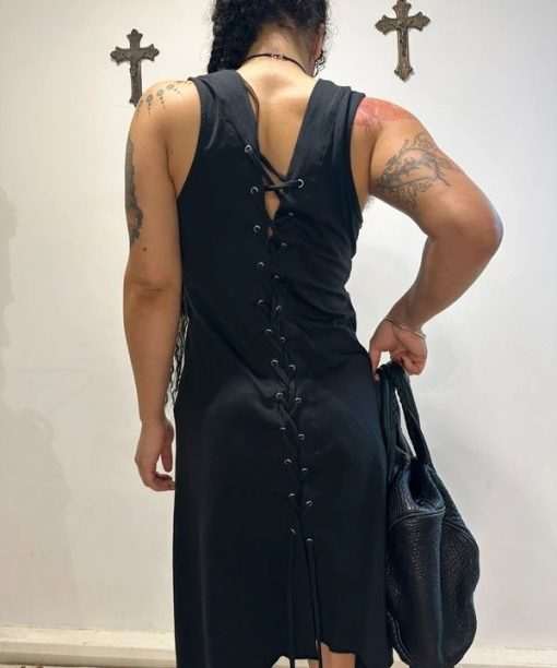 Vintage Avant Garde Black Gothic Back Lace Up Black Jersey Top (M) - Image 4