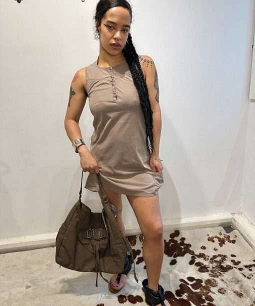 Vintage Brown Sleeveless Button up Mini Dress (S)