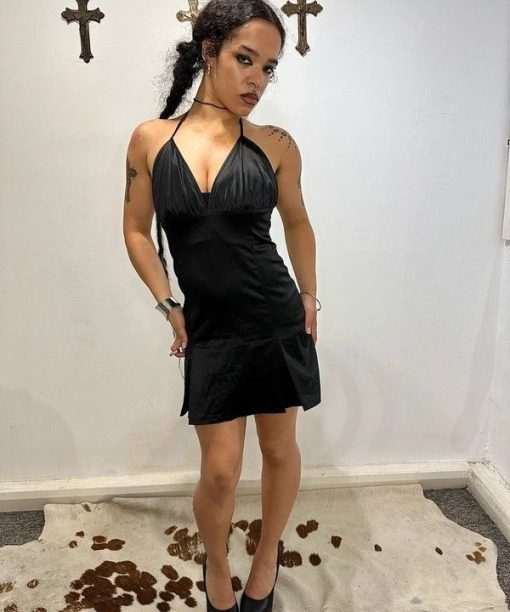 Vintage Italian 2000s Black Pleated Mini Dress (S) - Image 2