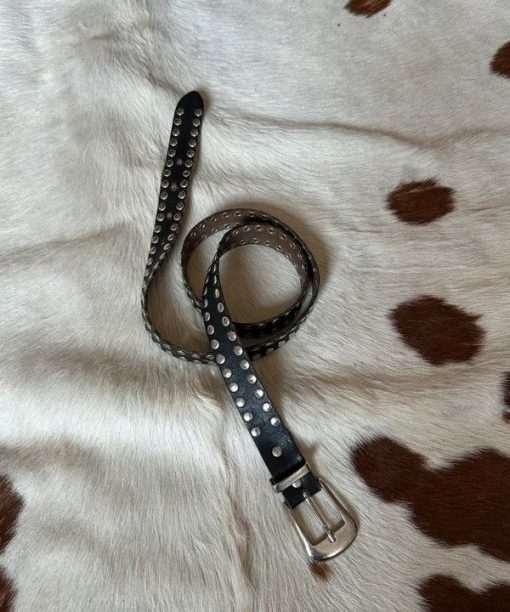 Vintage Black Leather Chrome Studded Slinky Belt