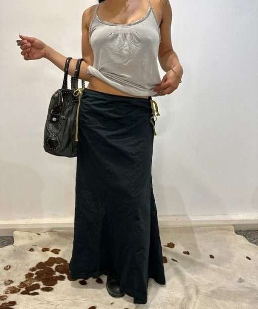 Vintage Italian Lace Up Corseted Side Cotton  Maxi Skirt (S/M)