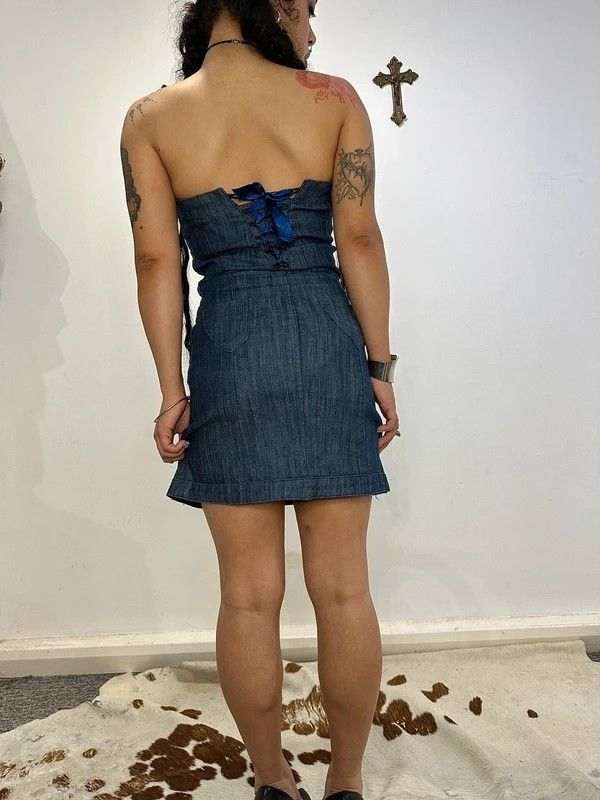 2000s Vintage Denim Bandeau Mini Dress (S) - Image 6