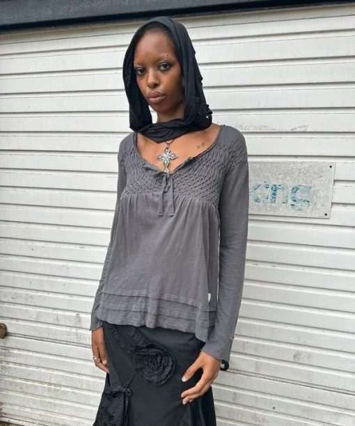 Vintage Grey Whimsygoth Cotton Medieval Gothic Longsleeve Top (S/M)