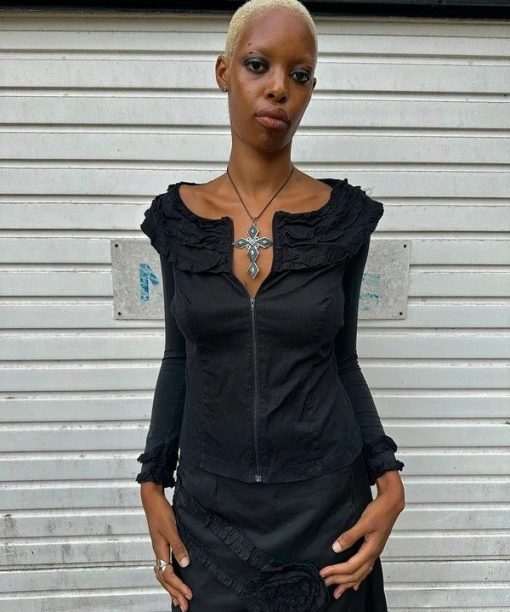 Alternative view of Vintage Whimsygoth Gothic Black Ruffle Zip Longsleeve (S)