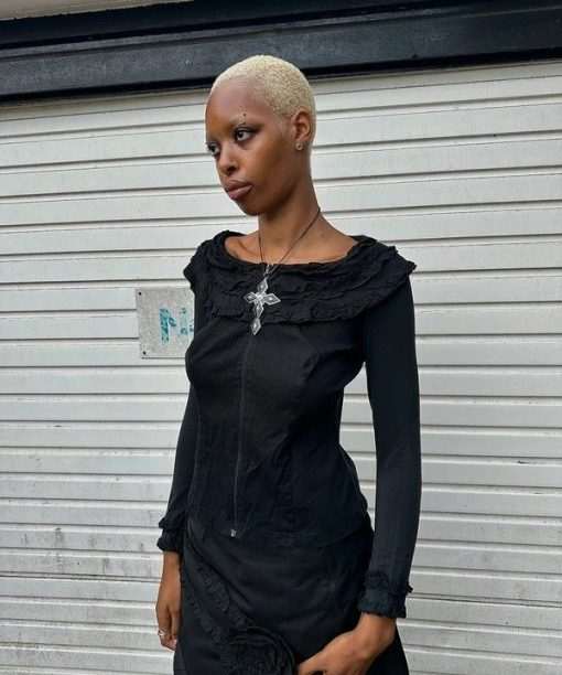 Vintage Whimsygoth Gothic Black Ruffle Zip Longsleeve (S)